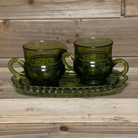 Vintage Green Glass Cream and Sugar With Tray 3 piece Set, Indiana Glass - Picture 1 of 13